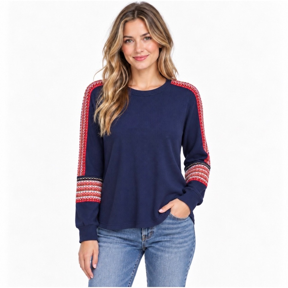 NWT Natural Life Navy Waffle Knit Thermal Top XL Embroidered Sleeve Boho